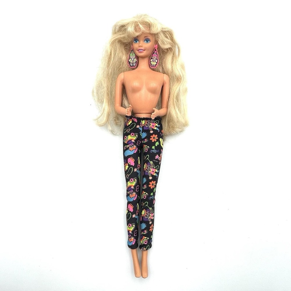 Vintage 1990s Barbie Troll Doll w Earrings & Neon Print Pants Mattel Blonde